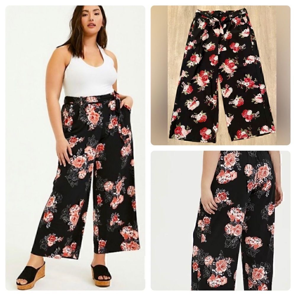 BLACK FLORAL STUDIO KNIT SELF TIE WIDE LEG PANT Torrid size 00 M/L